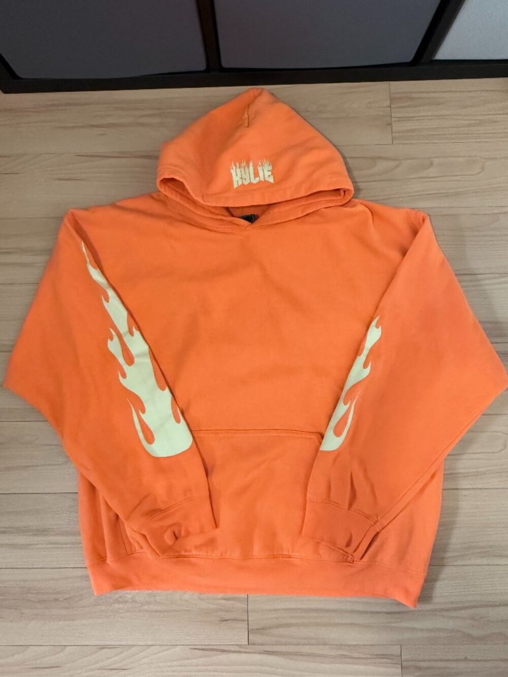 RARE Official Kylie Jenner Shop Flame Hoodie Orange Sleeve Graphic